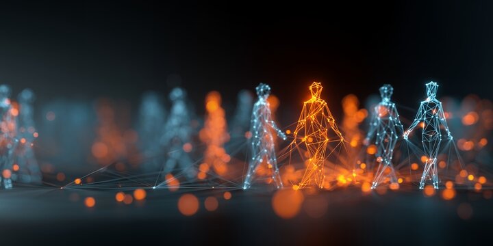 Abstract network figures walking with one highlighted in orange, concept for leadership, data analytics and technological innovation