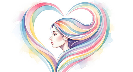 Watercolor portrait of woman with vibrant rainbow hair forming a heart shape