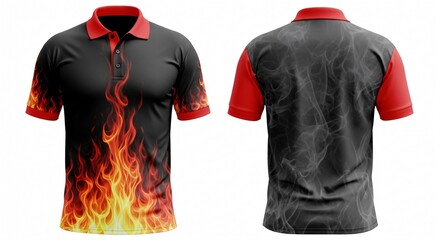 Digital sublimation polo t-shirt mockup, fierce burning fire flame rising pattern design on black background, sporty hot rod concept athletic team jersey apparel.