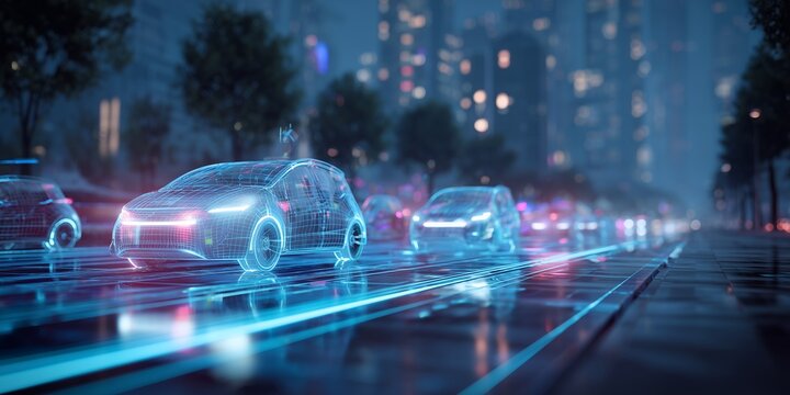 Futuristic electric cars with wireframe design driving on a glowing road in a city, concept for autonomous driving, smart city infrastructure and future transportation