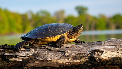 Obraz premium Turtle basking on a log in a natural habitat.