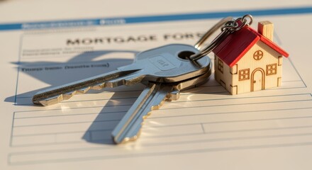 House-shaped keychain with keys on mortgage form illustrating real estate and home financing