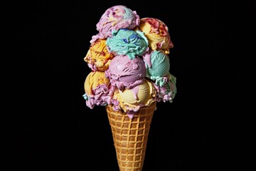 A waffle cone topped with multiple scoops of colorful, artisanal ice cream