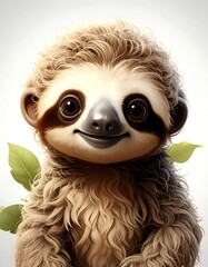 Fototapeta premium Adorable, fluffy sloth with brown fur and big, expressive eyes, smiling gently. Two green leaves flank its face on white