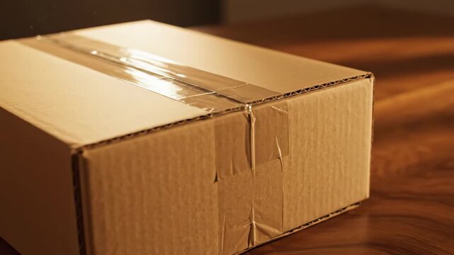 A closeup shot of a sealed cardboard box with clear tape on a brown surface