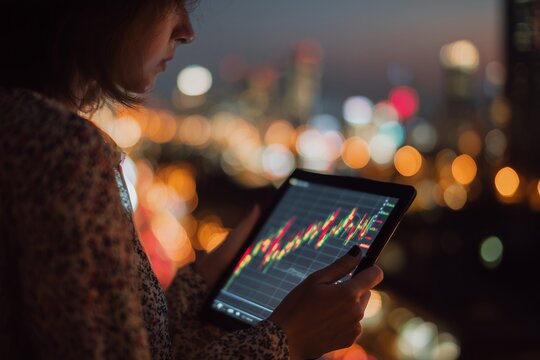 Female financial analyst examining stock market data on a tablet at night with bokeh background, concept for investment strategy, financial planning and risk management