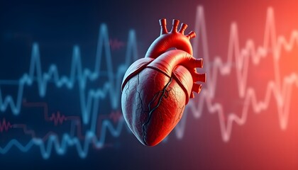 High definition scientific medical heart illustration with cardiology waveform analysis and anatomical details