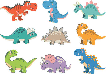 Cute colorful cartoon dinosaur characters for kids educational materials, nursery designs, playful prehistoric illustrations perfect for children’s books, posters, and learning activities