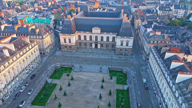 Drone orbit over historic European Parlement of Rennes or Parlement of Brittany with beauty inner courtyard and detailed architecture, Rennes, Brittany, France