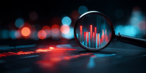 Close-up view of a magnifying glass focusing on a financial chart with red and blue data, concept for stock market analysis, investment strategy and financial planning