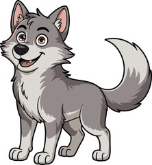 Cute friendly cartoon wolf character standing and smiling in adorable animal illustration design perfect for kids clipart, mascot, and graphic projects