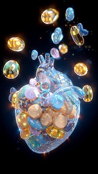 3D render of Coenzyme Q10 capsule with glowing heart hologram representing cardiac health and energy metabolism