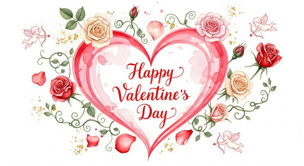 Watercolor happy valentine's day illustration with heart, roses, and cupids