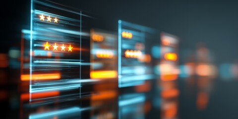 Abstract glowing digital screens displaying data insights with star ratings, concept for data analysis visualization, dashboard design and business intelligence presentation