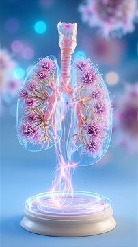 Realistic 3D animation showing dual capsules of quercetin and bromelain floating among air particles representing lung wellness
