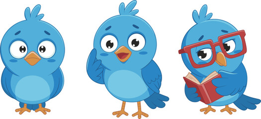 Cute blue cartoon birds with expressive emotions reading book and gesturing happily, colorful animal characters for children’s illustrations, education and storytelling themes