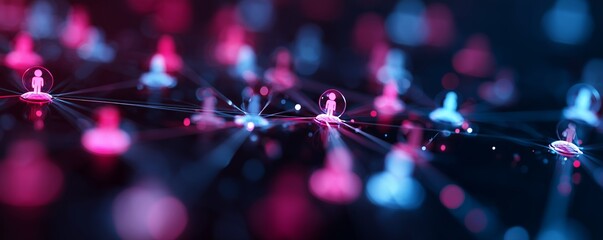 Abstract glowing network of connected people icons in pink and blue hues, concept for social media connections, data analytics and teamwork visualizations