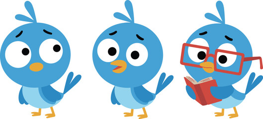 Cute blue cartoon birds showing playful expressions and reading a book, colorful children’s illustration characters perfect for education, storytelling, and learning themes
