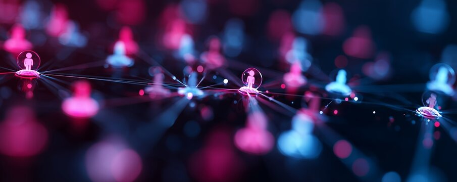 Abstract glowing network of connected people icons in pink and blue hues, concept for social media connections, data analytics and teamwork visualizations - Powered by Adobe