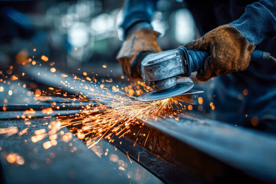 Skilled worker wearing protective gloves using an electric angle grinder to cut and shape metal with sparks flying around in an industrial workshop environment