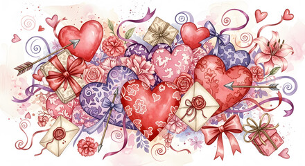 Romantic watercolor hearts, gifts, flowers, ribbons, arrows, and envelopes art