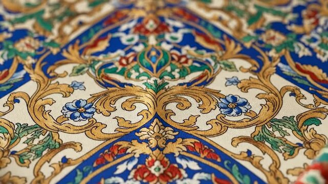 Vibrant traditional Middle Eastern fabric with intricate floral patterns.