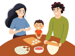 A happy family making dumplings in the kitchen. Time spent together - mom, dad, and child. Vector illustration.