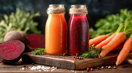 Two bottles of fresh vibrant vegetable juices surrounded by carrots, beets, and herbs on a rustic wooden board showcasing healthy natural ingredients