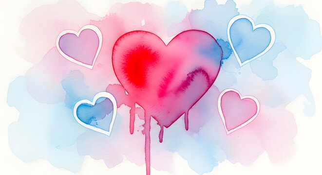 Watercolor hearts background, vibrant pink and blue love and romance design