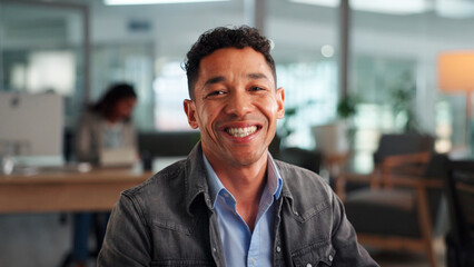 Portrait, journalist and happy business man in office, confidence and about us. Professional,...