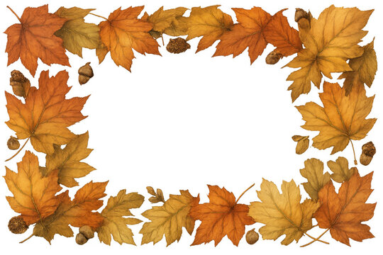 Autumn celebration border featuring colorful maple leaves and acorns, creating a beautiful seasonal frame with a transparent background