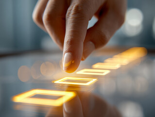 Person interacting with futuristic glowing touch interface displaying digital square icons in a high-tech environment with soft blurred background and reflections