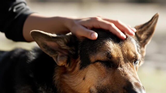 A closeup shows a German Shepherd being petted emphasizing the texture of its fur and the gentle interaction