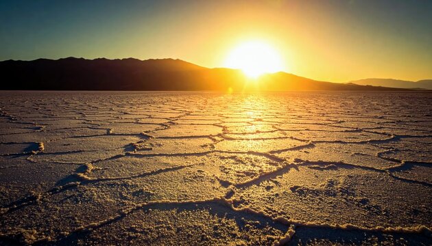A bright golden sun sets behind silhouetted mountains, casting warm light across a vast, cracked salt flat.