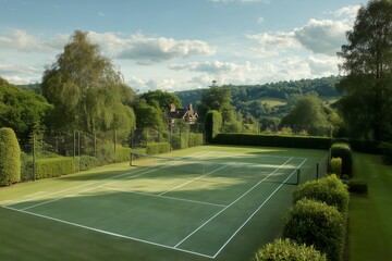 Naklejka premium Aerial view of a lush green tennis court surrounded by manicured hedges and trees, concept for recreation, leisure and sporting lifestyle