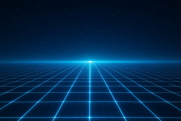 Futuristic Digital Grid Landscape with Glowing Horizon and Starry Sky