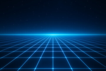 Futuristic Digital Grid Landscape with Glowing Horizon and Starry Sky