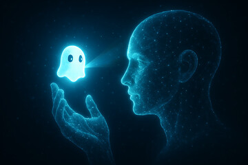 Futuristic Holographic Human Interacting with Glowing Digital Entity
