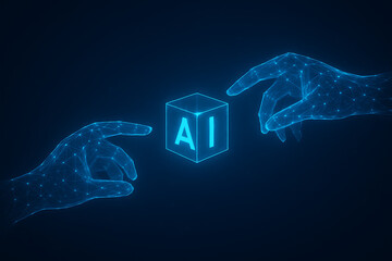 Wireframe Hands Reaching Toward Glowing AI Cube in Futuristic Digital Space
