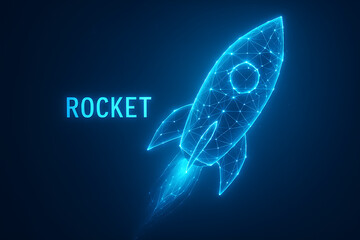 Neon Wireframe Rocket Launch with Digital Mesh and Blue Glow