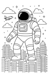 Giant Astronaut Standing Over City Skyline, Airplane Flying in Sky, Space Stars