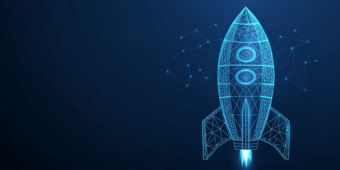 Futuristic Neon Rocket Launch with Digital Network Background