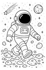 Astronaut Walking on Asteroid Field with Shooting Star and Moon, Space Coloring Page