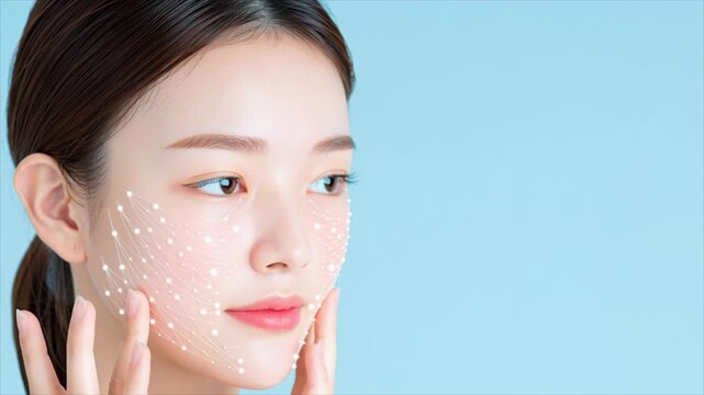 Korean woman applying cream surrounded by glowing elastin fibers over face skin, beauty elasticity concept