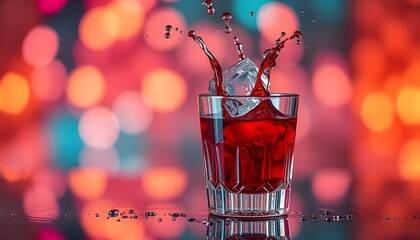 Cinematic Ruby Red Cocktail Splash in Crystal Glass with Colorful Bokeh Lights - Drinks, wine, beverage, cherry, cold, martini, 