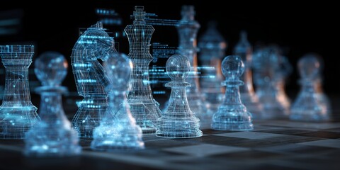 Digitally rendered chess pieces illuminated on a chessboard with intricate wireframe designs, concept for strategic planning, technological advancement and competitive intelligence