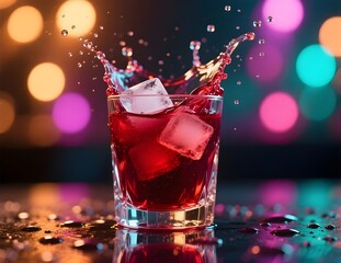 Cinematic Red Mocktail Splash in Crystal Glass with ice cubes and  Colorful Bokeh Lights - celebration, juice