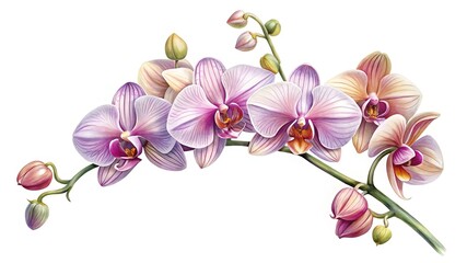 Graceful watercolor pink orchid branch bloom and buds