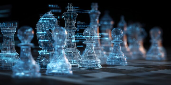 Digitally rendered chess pieces illuminated on a chessboard with intricate wireframe designs, concept for strategic planning, technological advancement and competitive intelligence