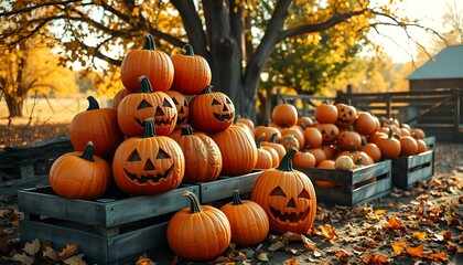 Cozy Autumn Pumpkins with Carved Halloween Faces in Rustic Farmhouse - spooky